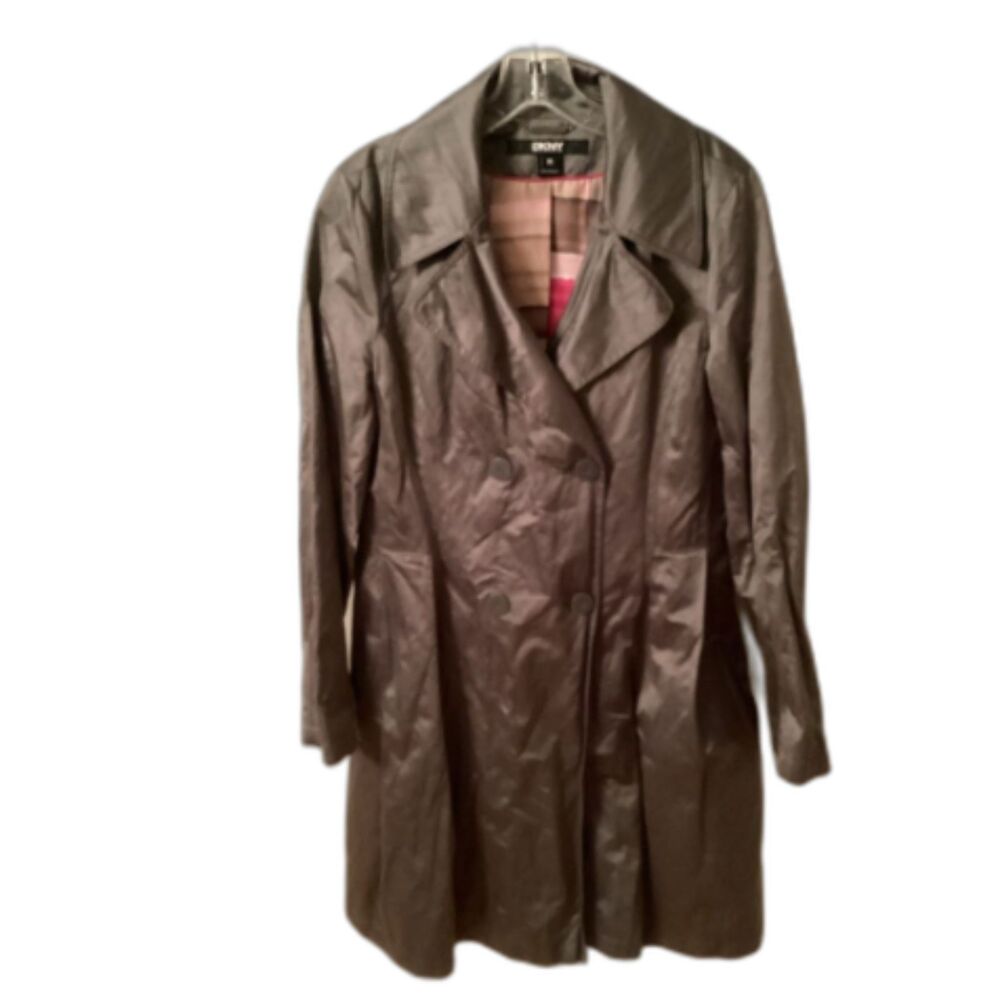 DKNY SIZE MEDIUM IRIDESCENT GREY DOUBLE BREASTED TRENCH COAT PLAID LINED